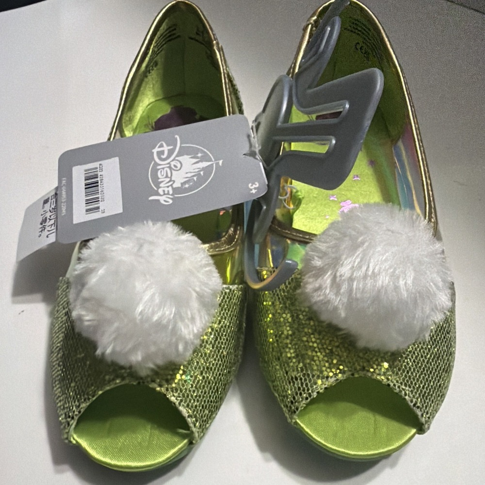 Disney Tinker Bell Costume Shoes Green Glitter Pom Pom Girls Size 13/1 NWT